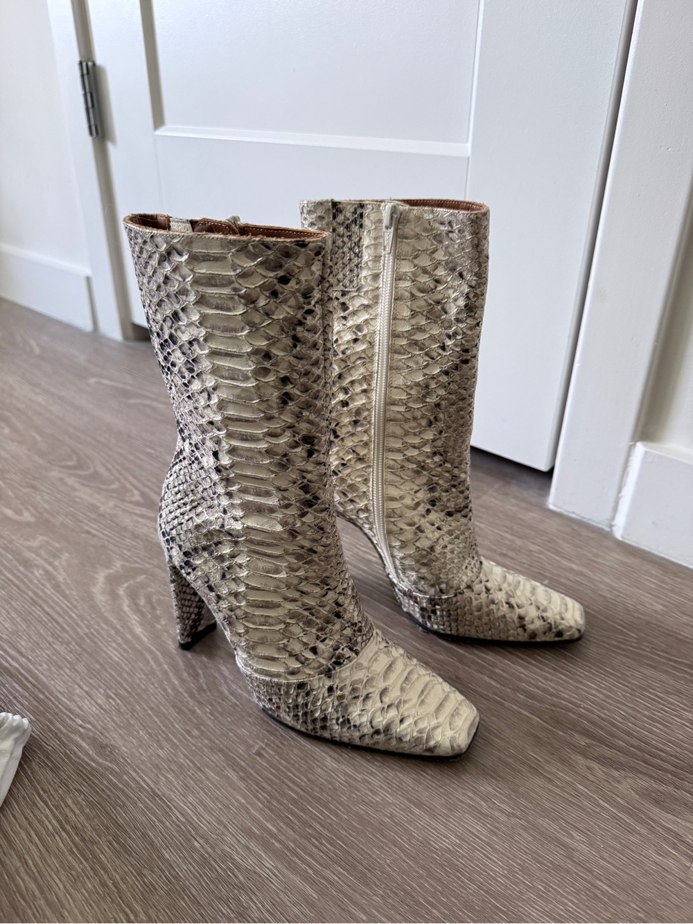 Toral Cream Snake-Print Mid-Calf Heeled Boots